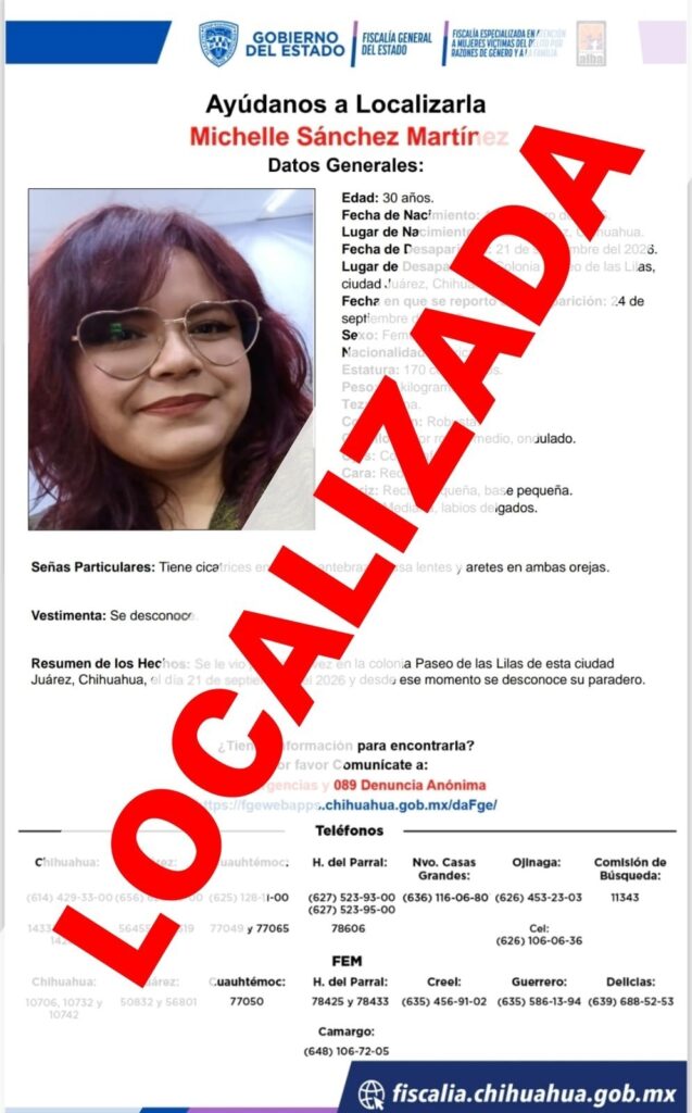 Localizan sana y salva a mujer que tenía reporte de ausencia en Juárez – Fiscalía General del Estado de Chihuahua