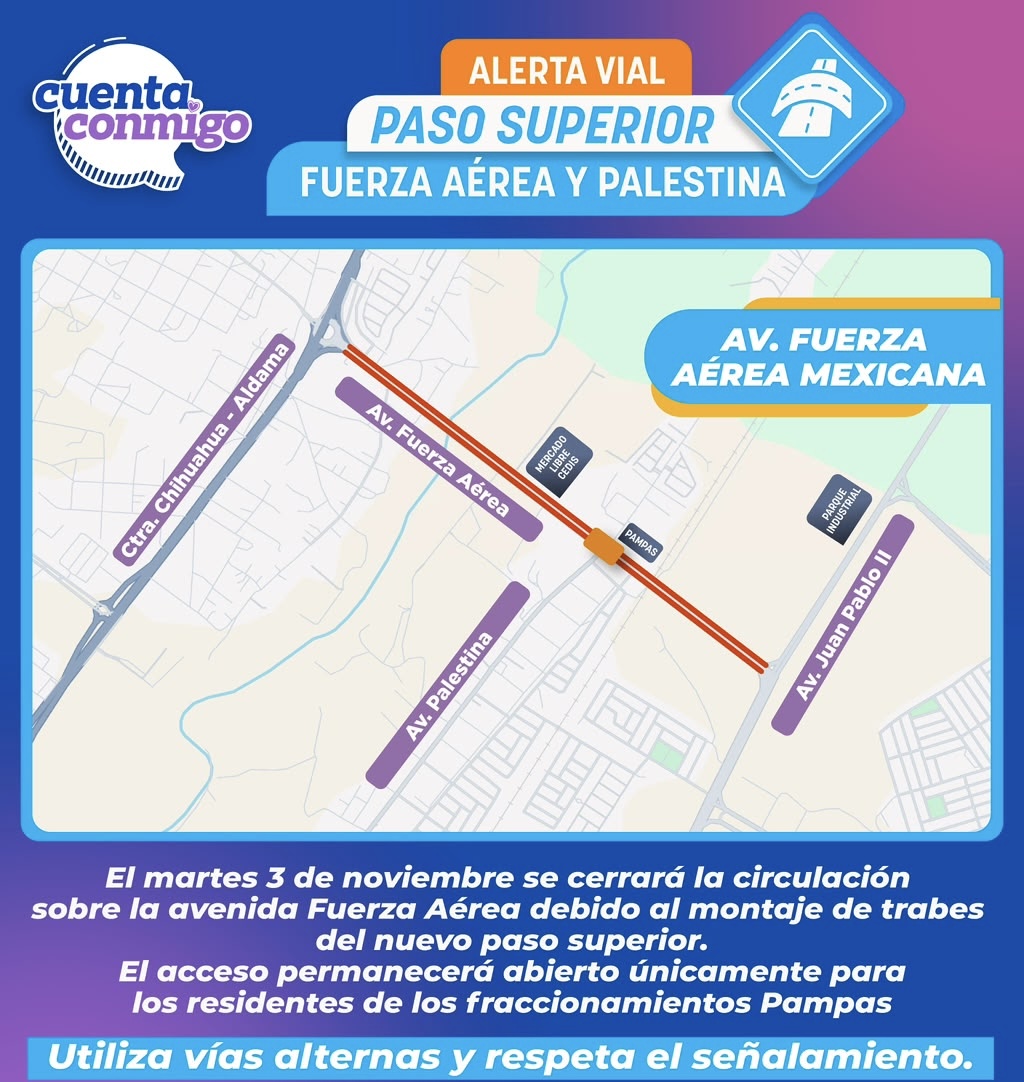 Cierre de avenida Fuerza Aérea por obras de paso superior el 3 de noviembre