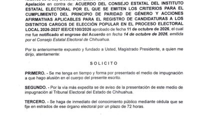 PRI impugna lineamientos del IEE ante Tribunal Electoral en Chihuahua