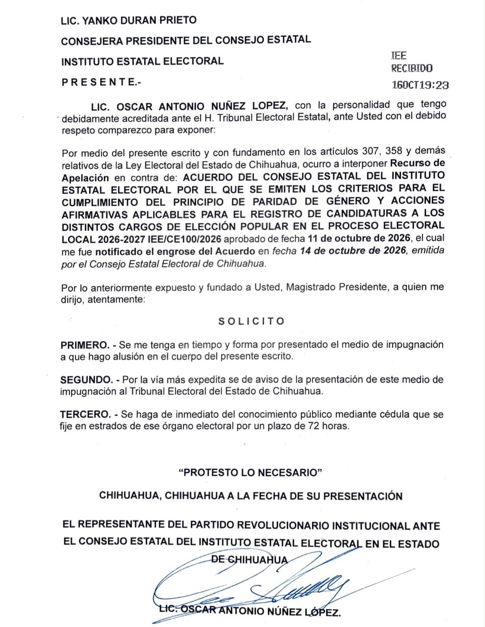 PRI impugna lineamientos del IEE ante Tribunal Electoral en Chihuahua
