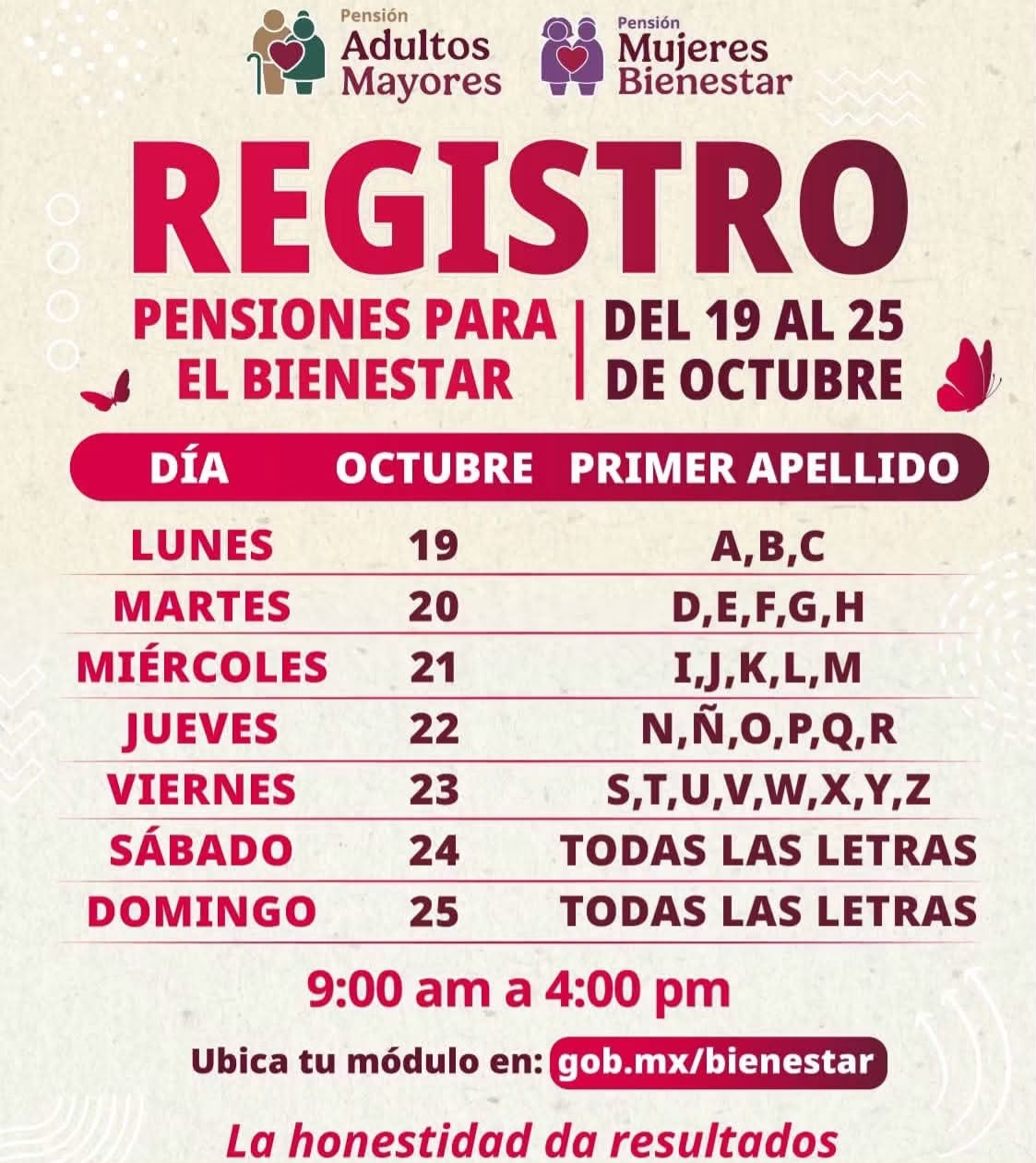 Registro para pensiones del Bienestar en Juárez del 19 al 25 de octubre