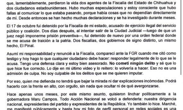 Exfiscal de Chihuahua solicita apoyo al PAN tras su detención
