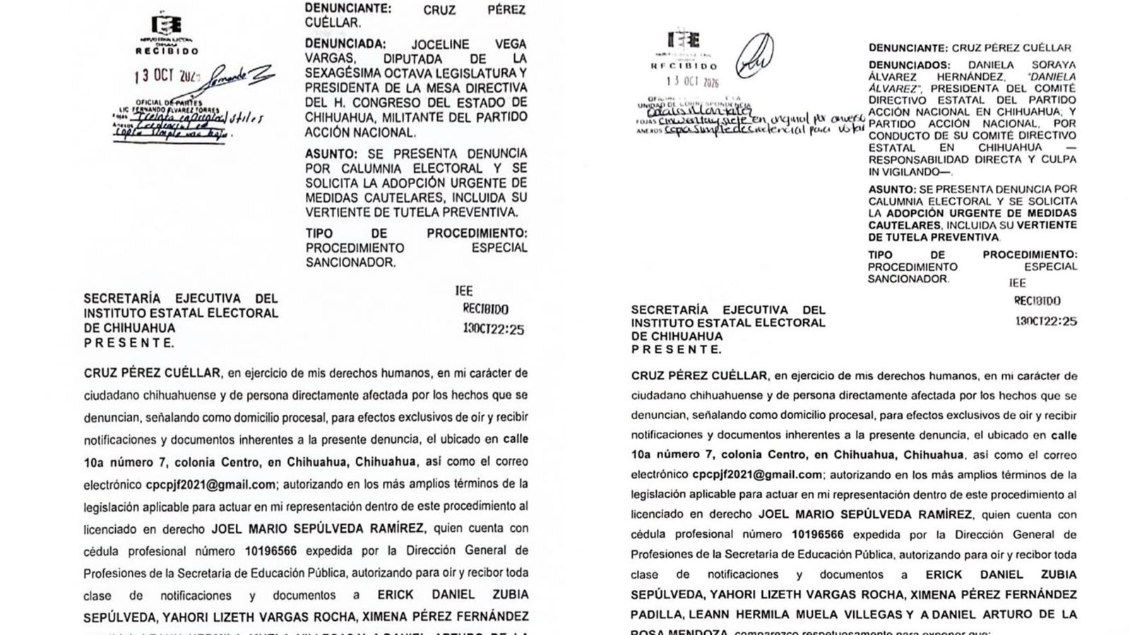 Cruz Pérez Cuéllar denuncia a Joss Vega y Daniela Álvarez por calumnia electoral