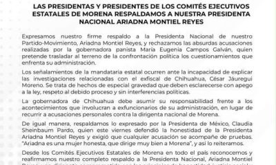 Comités Estatales de Morena apoyan a Ariadna Montiel y rechazan acusaciones