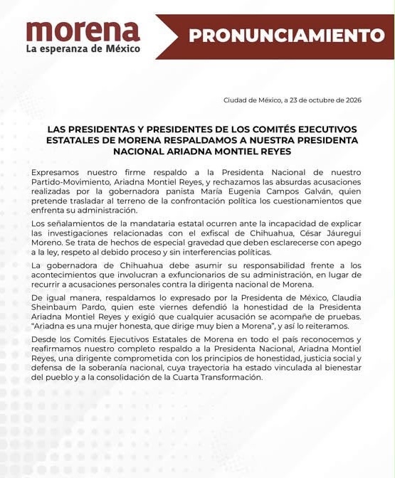 Comités Estatales de Morena apoyan a Ariadna Montiel y rechazan acusaciones