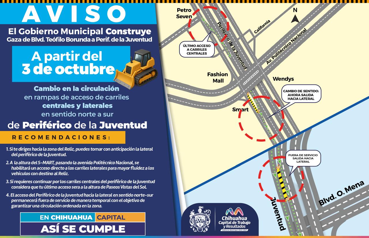 Modificación vial en el periférico de la Juventud a partir del 3 de octubre
