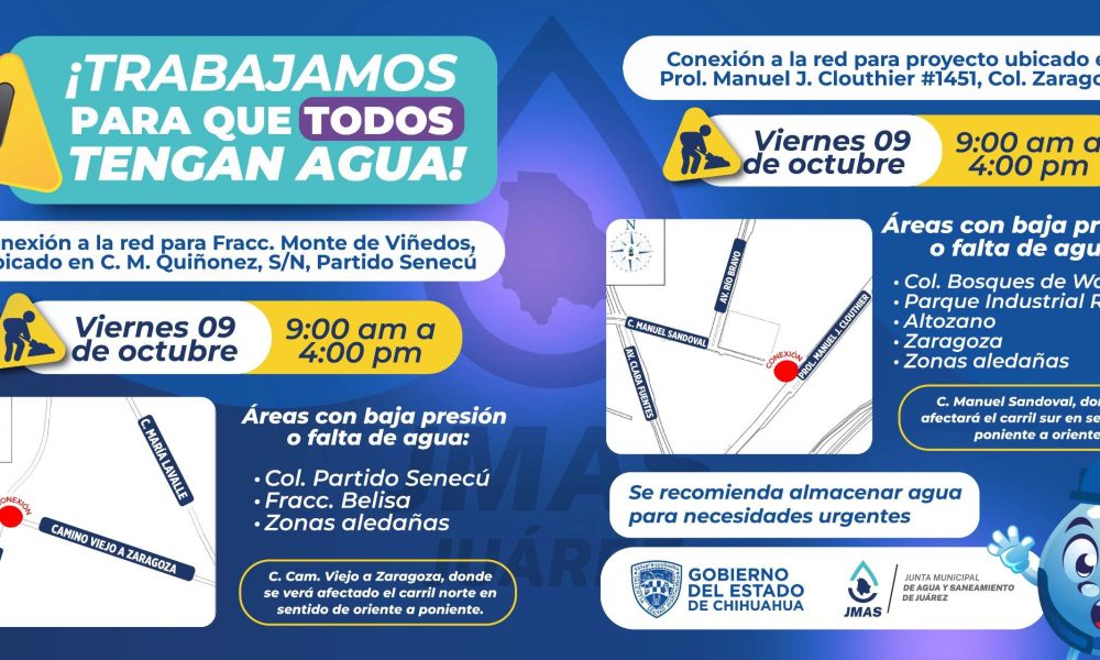 Realizarán trabajos de conexión de agua potable en Partido Senecú y Zaragoza