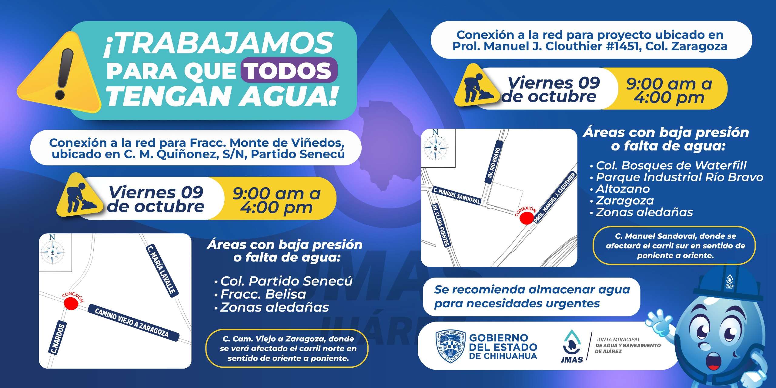 Realizarán trabajos de conexión de agua potable en Partido Senecú y Zaragoza